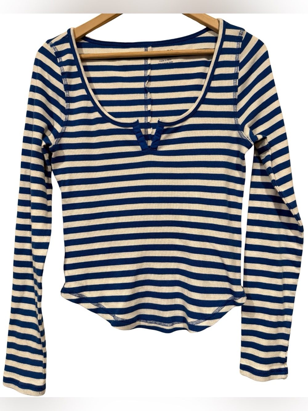 Anthropologie Pilcro Notched Long Sleeve Tee Blue Stripe M Ribbed Knit Cotton - Picture 3 of 9